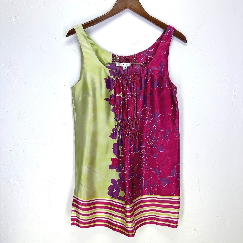 Cabi Womens 100% Silk Blouse M Pink Green Floral Smocked Sleeveless Vibrant Chic